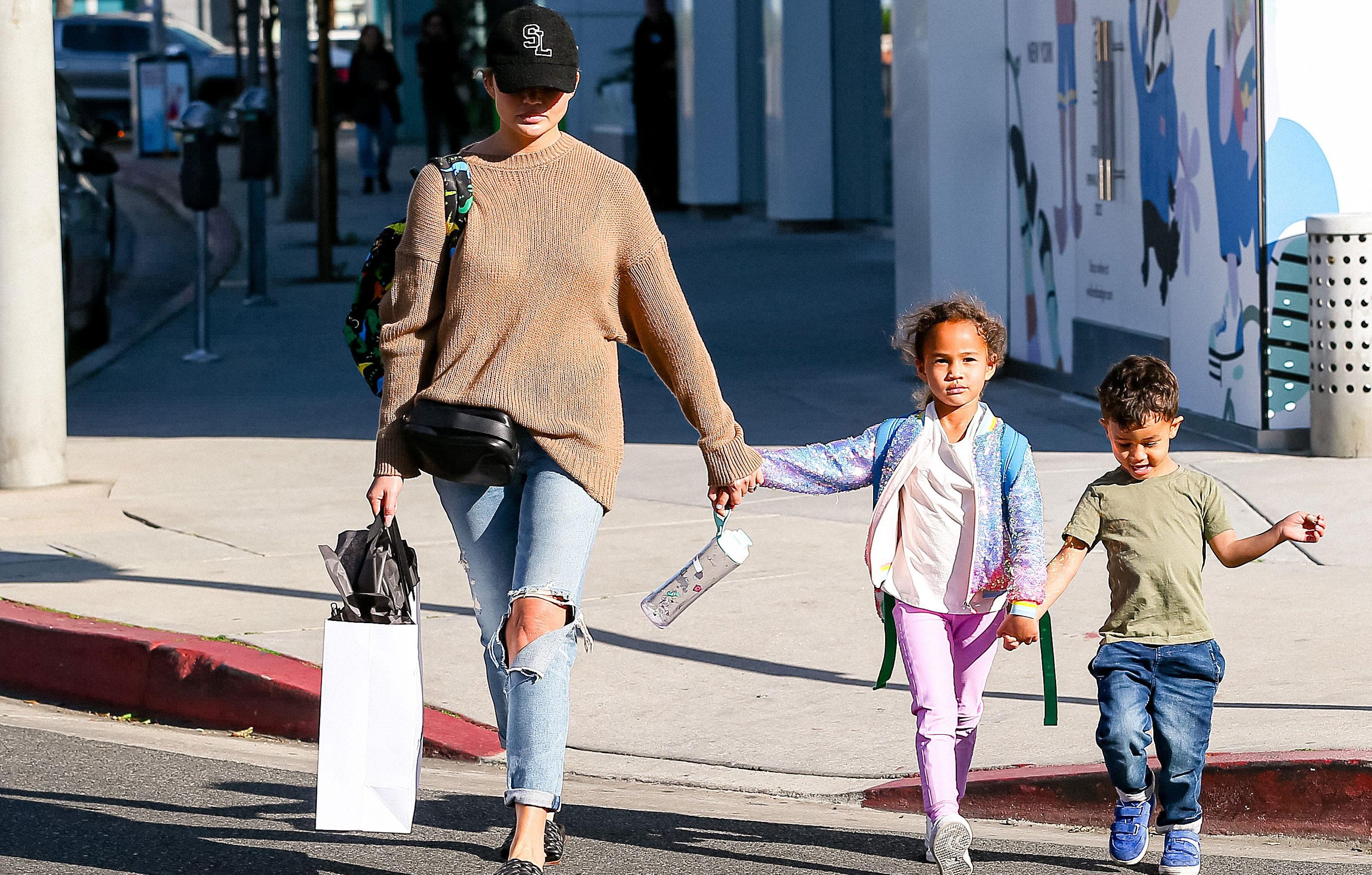 chrissy teigen with daughter luna and son miles runs errands in west hollywood