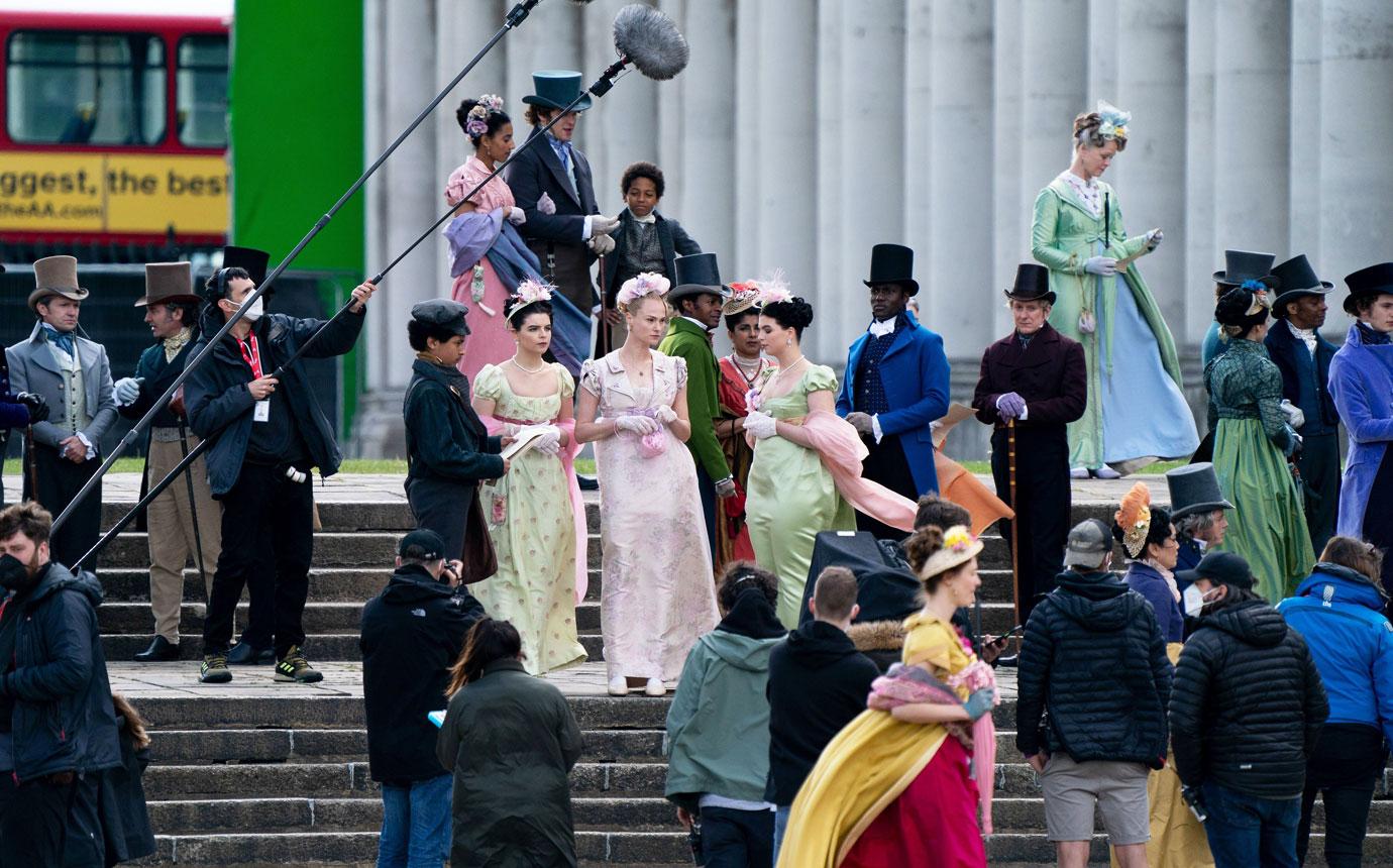 bridgerton cast on set filming in greenwich london