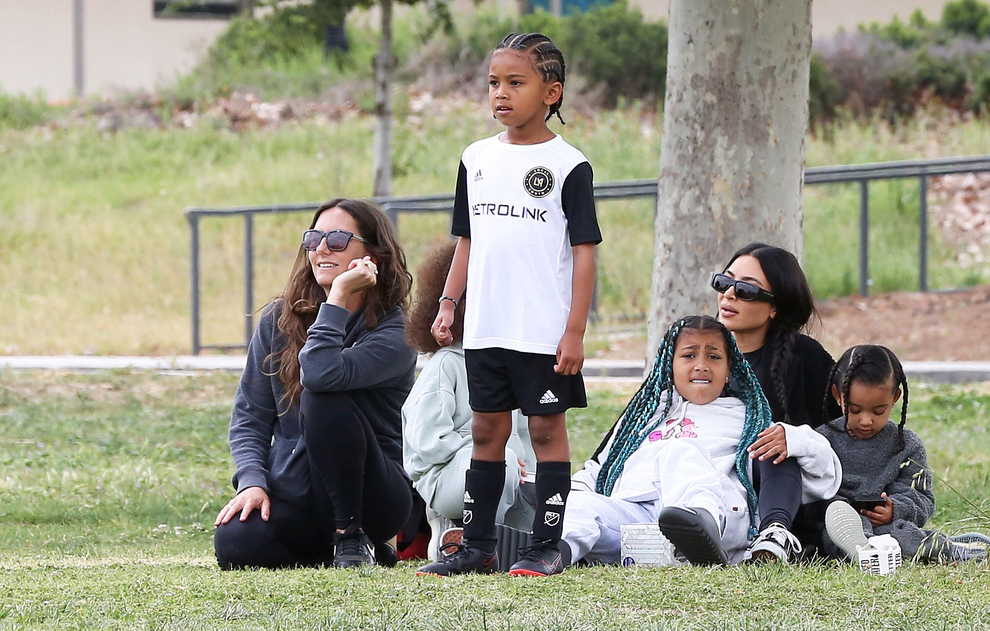 kim kardashian takes her kids to watch saint play a soccer match in calabasas