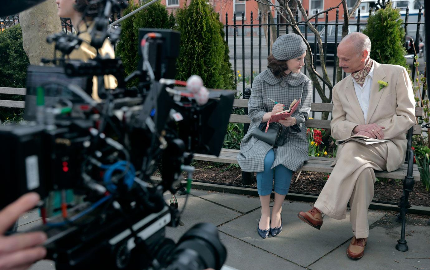 rachel brosnahan and john waters filming the marvelous mrs maisel