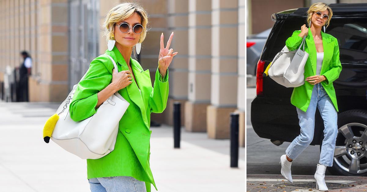 heidi klum arrives at agt in bright green blazer mhf