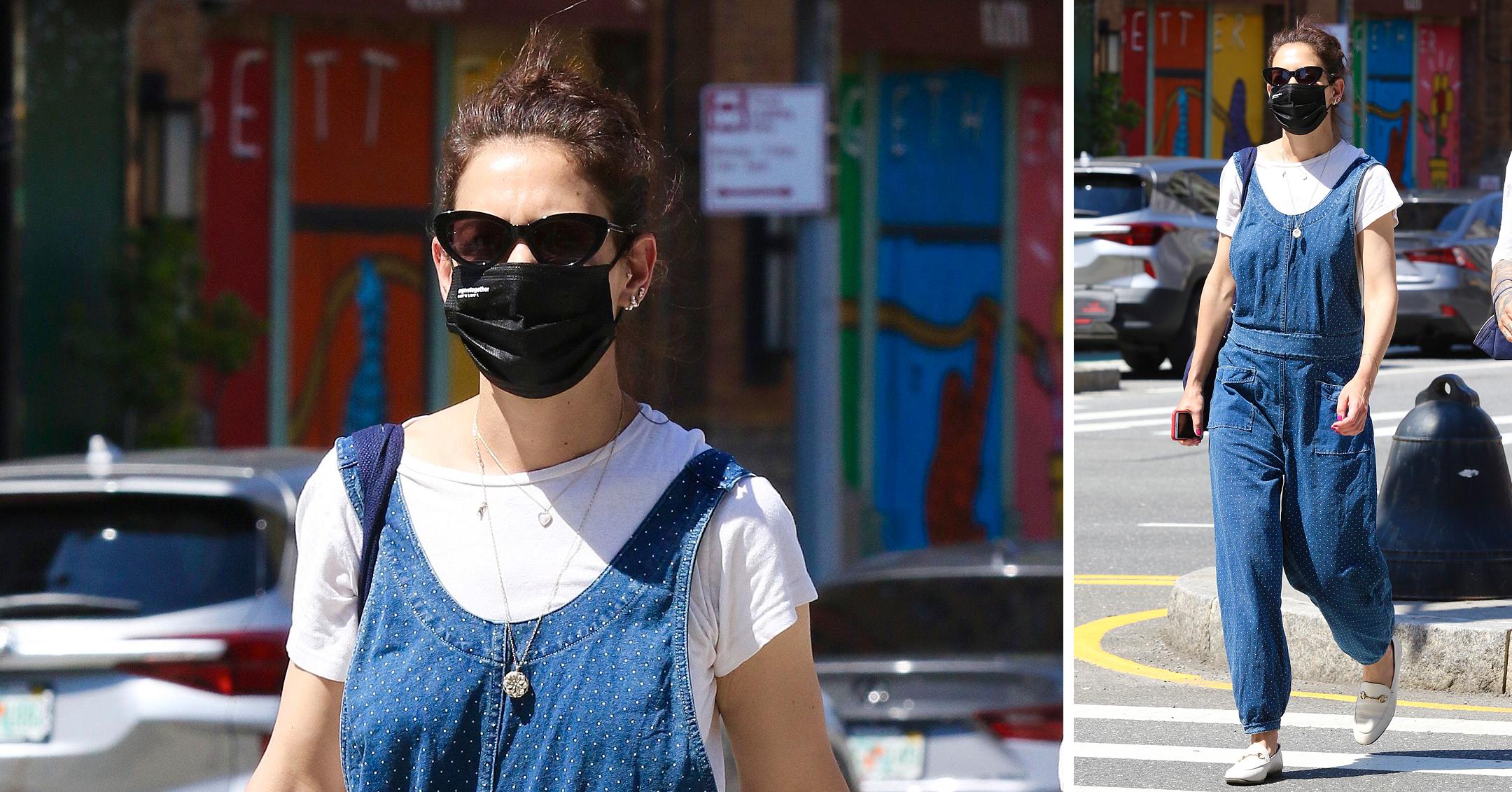 katie holmes steps out in blue overalls in  degree weather in nyc