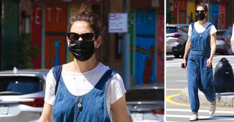 katie holmes steps out in blue overalls in degree weather in nyc