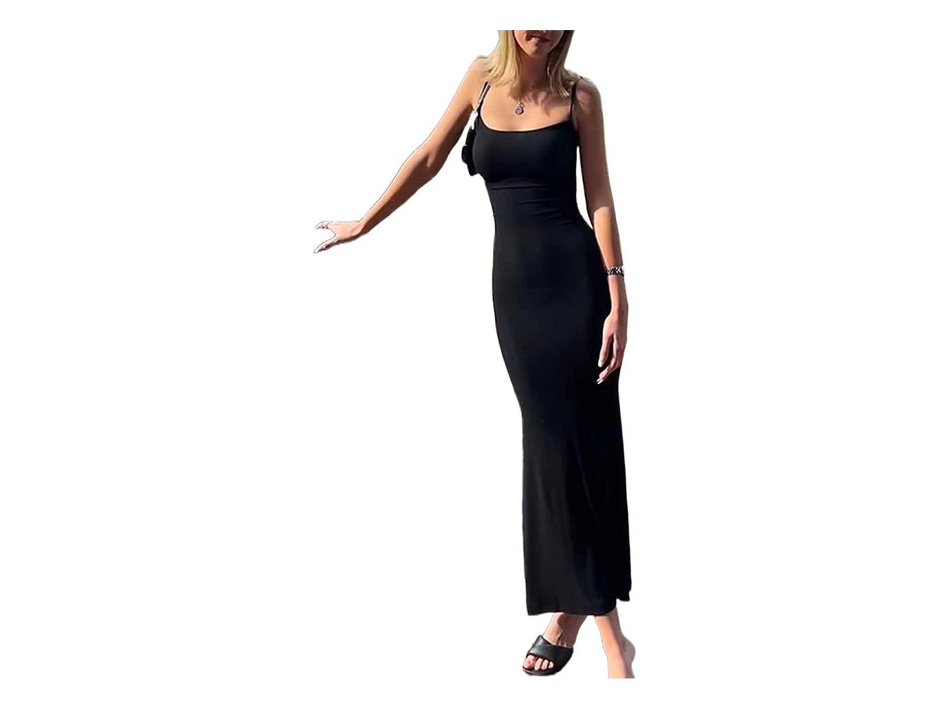Skims dress dupe linked in my  storefront in bio! Colors: Hazelnut,  Jet Black, & Aegean. Wearing size XS 🫶🏾