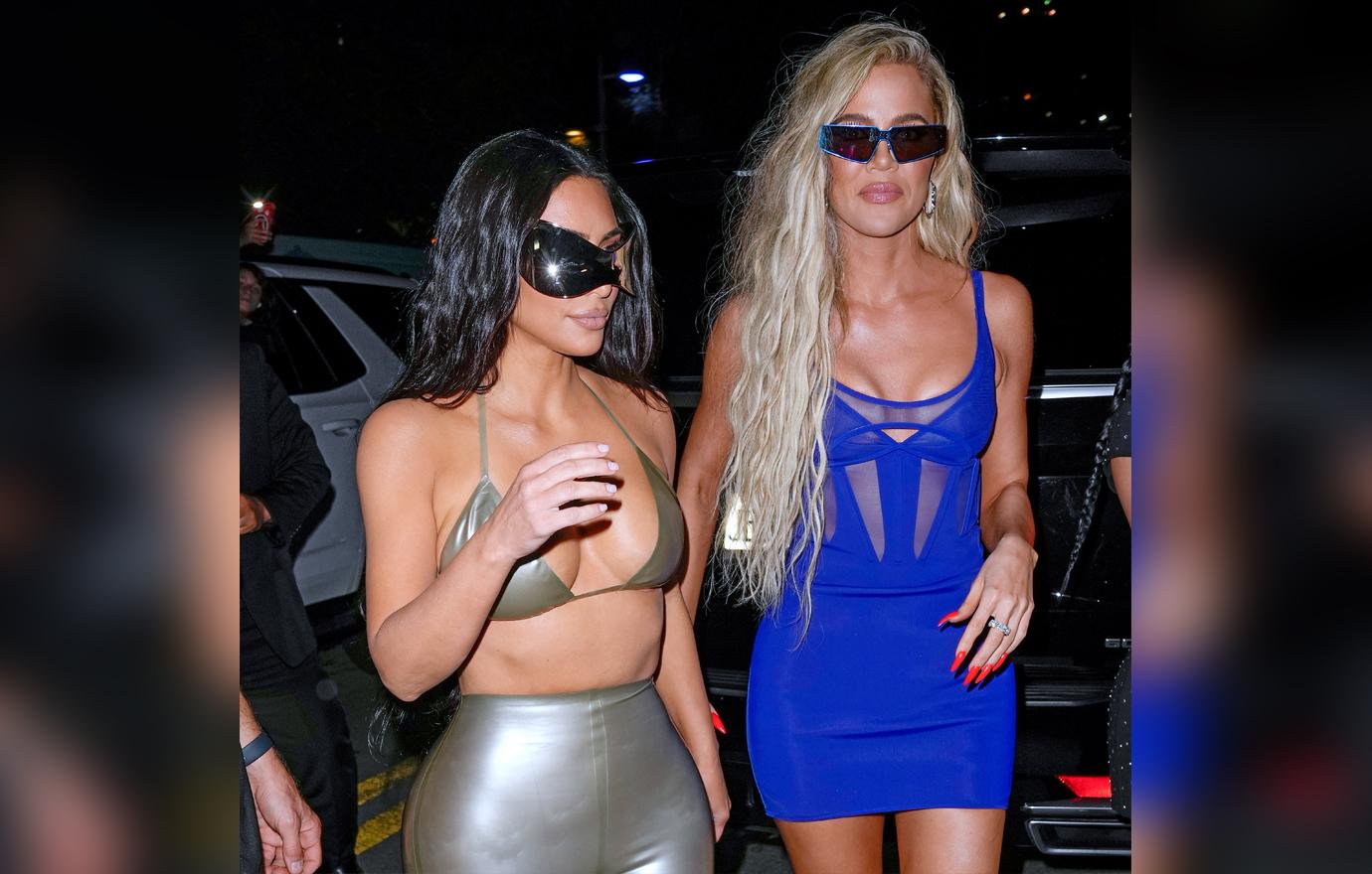 khloe kardashian and kim kardashian arrive at skims swim popup store in miami fl