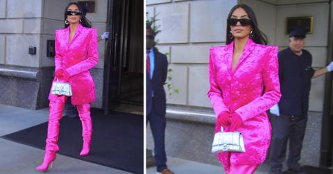 kim kardashian stuns in pink as she heads to snl