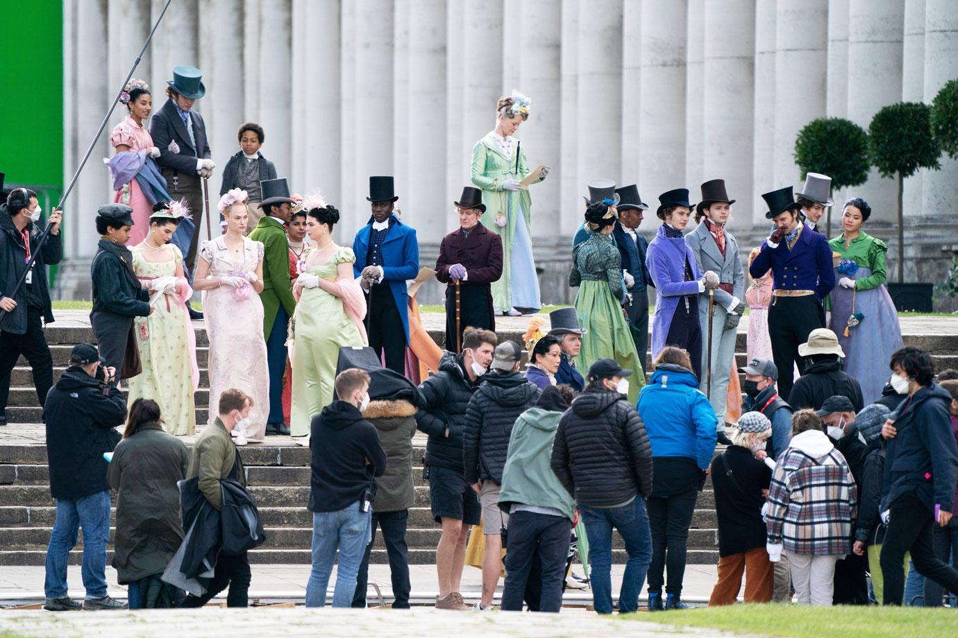 bridgerton cast on set filming in greenwich london