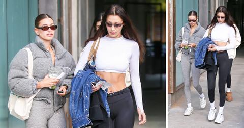 hailey bieber and bella hadid are seen leaving pilates class in los angeles mh