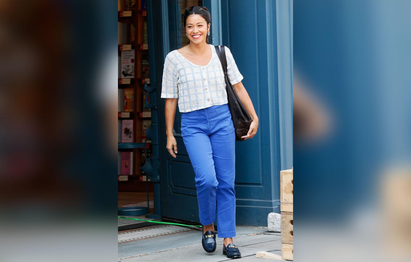gina rodriguez seen filming a jogging scene with tom ellis for
