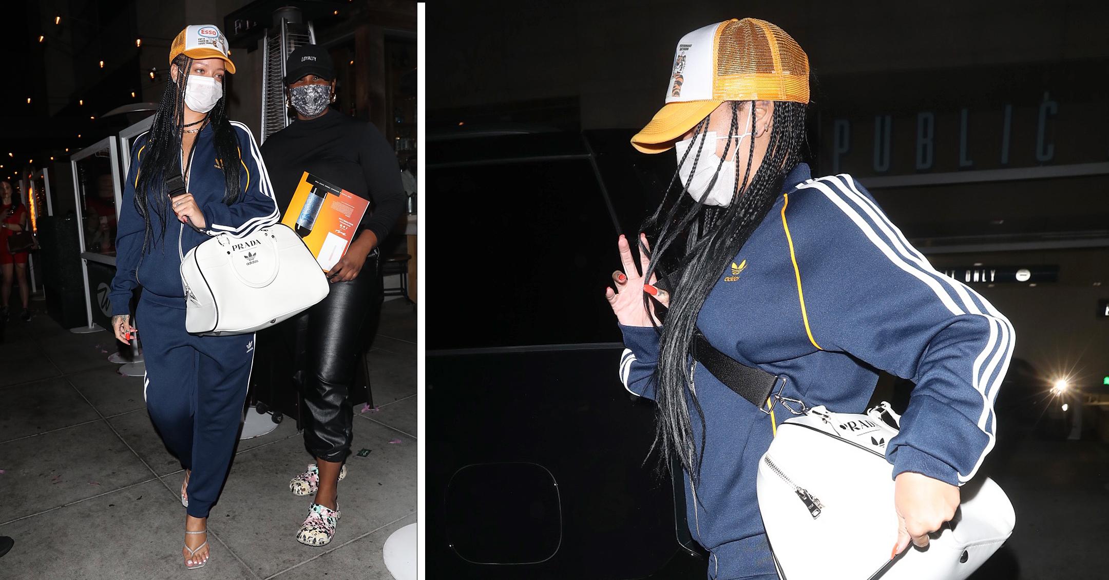 rihanna in adidas prada gear leaving dinner at wallys