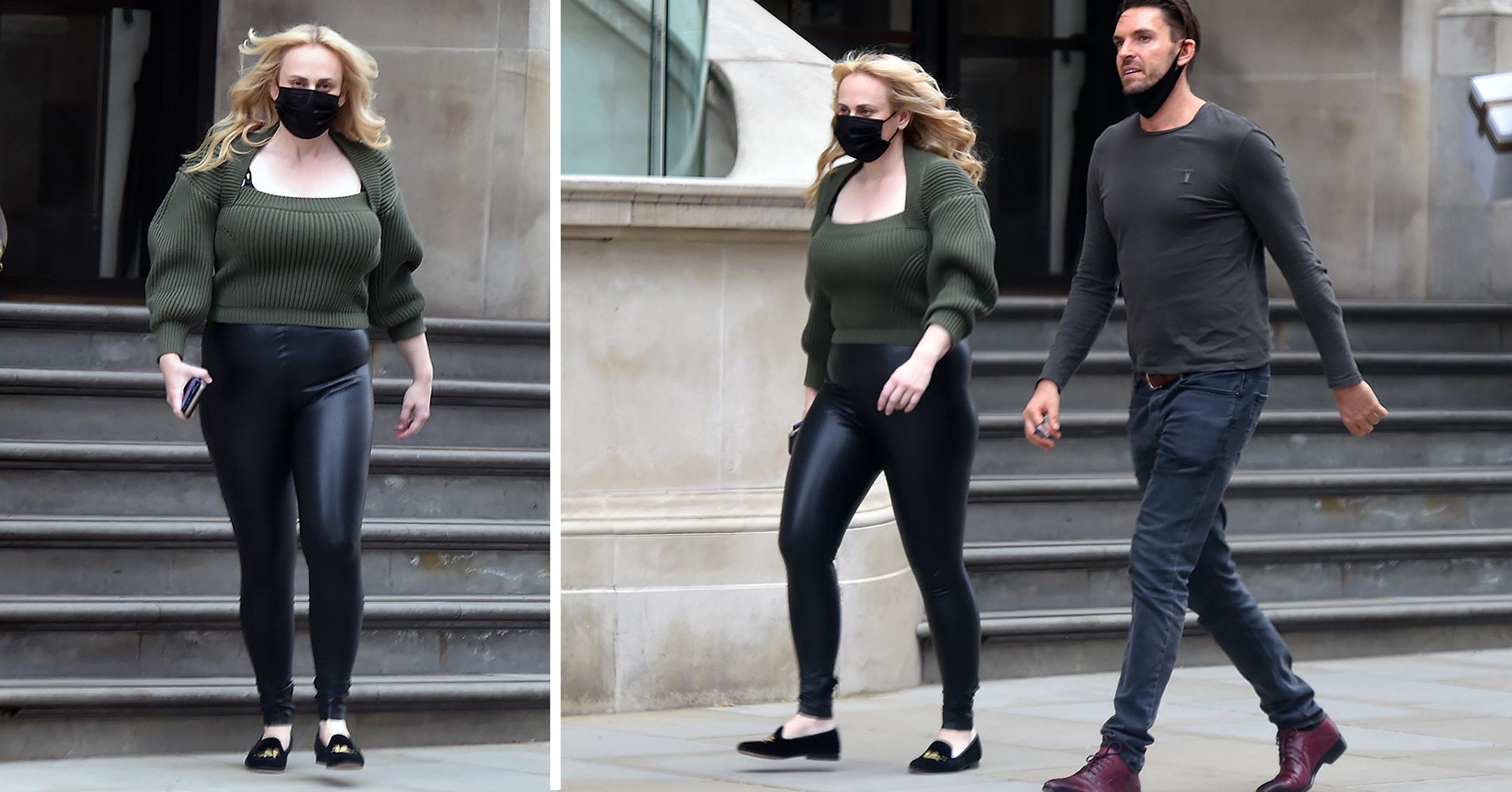 slim rebel wilson wearing leather pants leaving london hotel