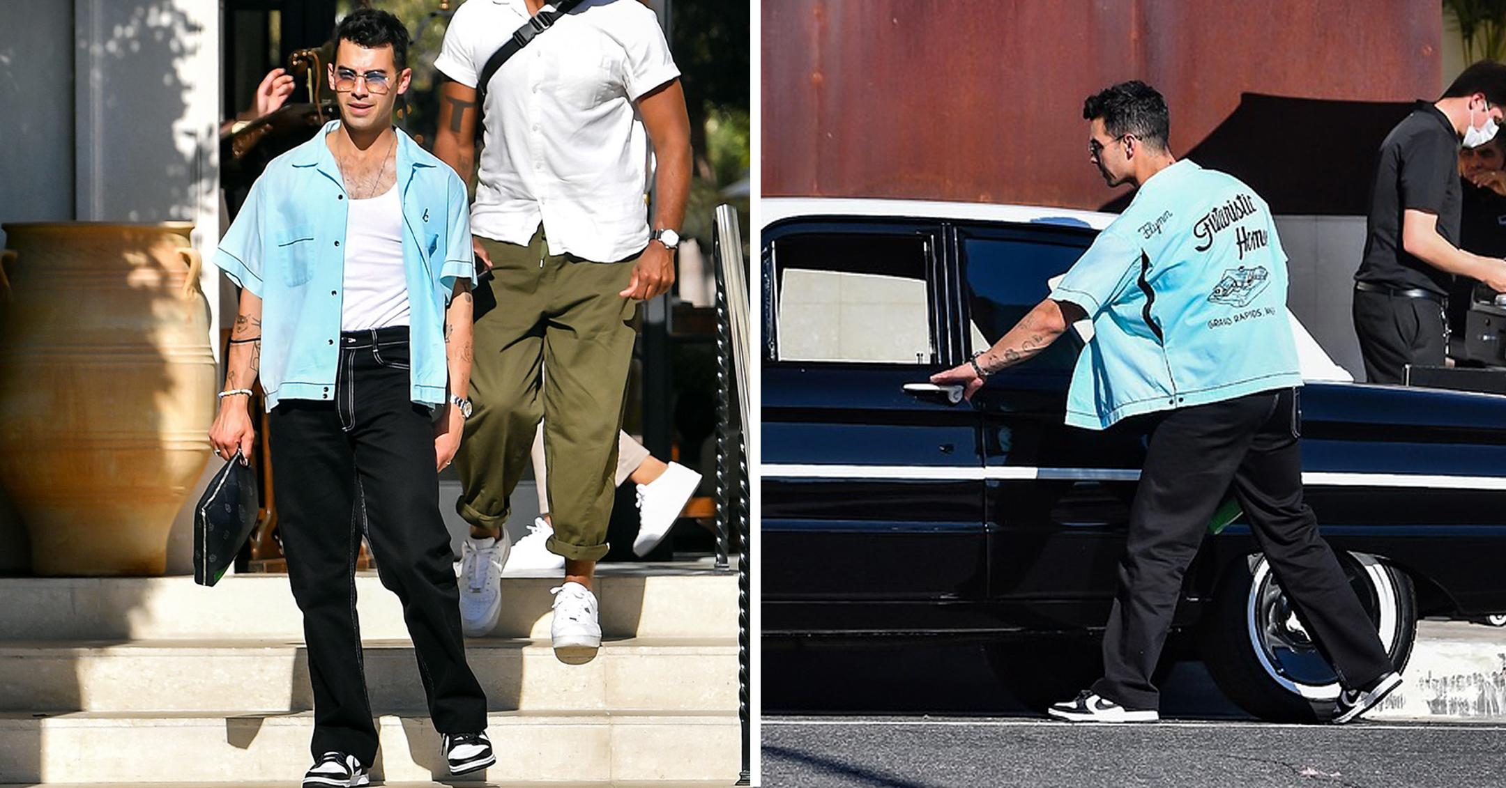 joe jonas drives away in his classic ford falcon