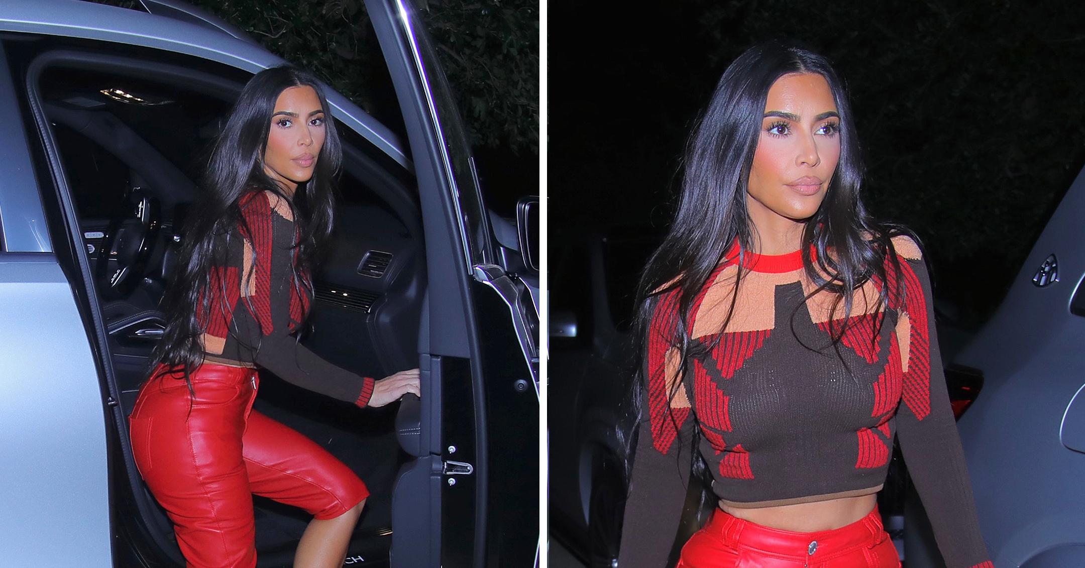 kim kardashian in red leather pants leaves friends house in west hollywood