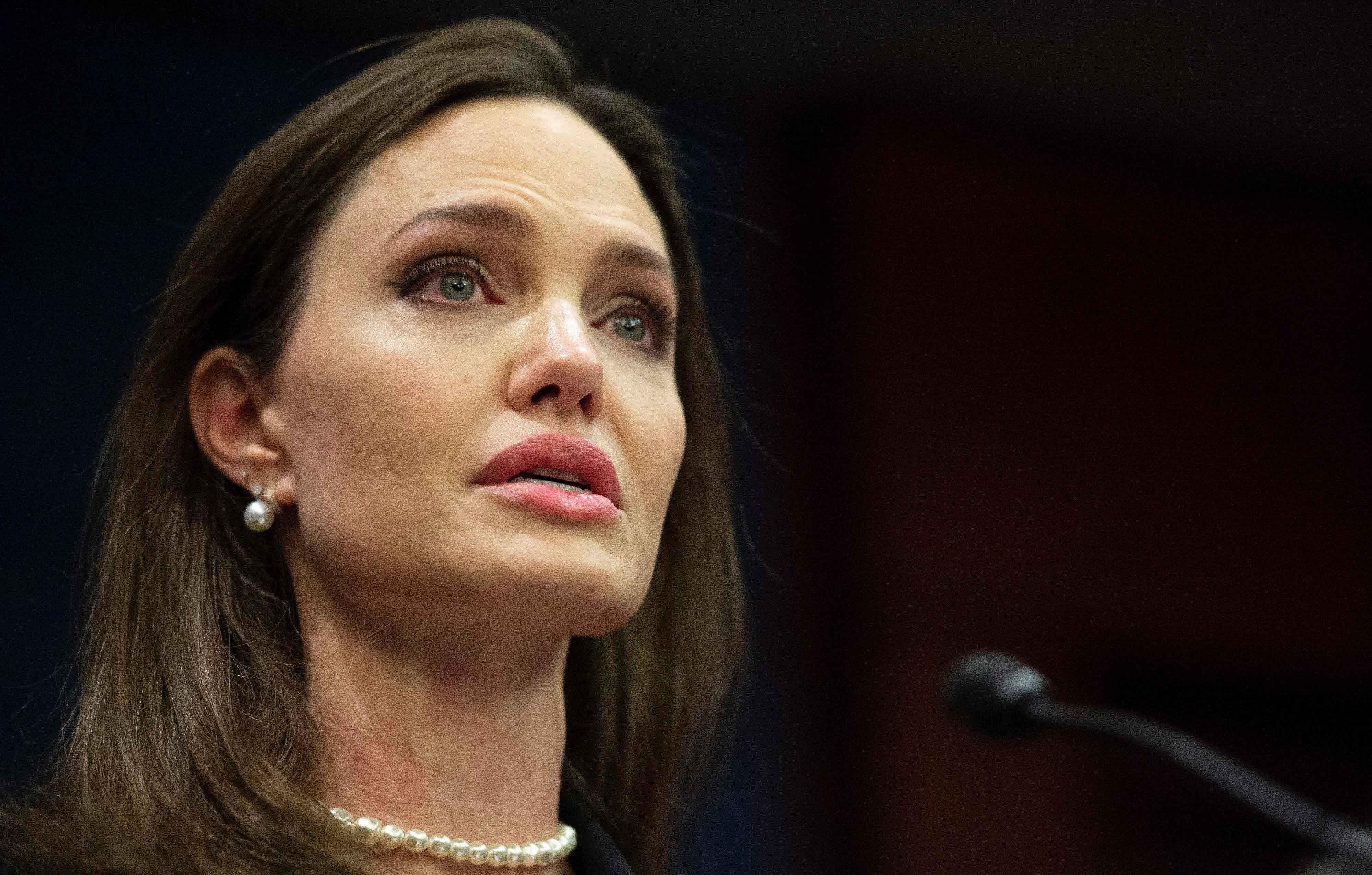 actress angelina jolie speaks during a press conference