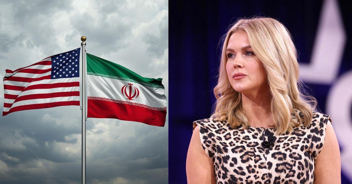 Flags of U.S and Iran; Karoline Leavitt