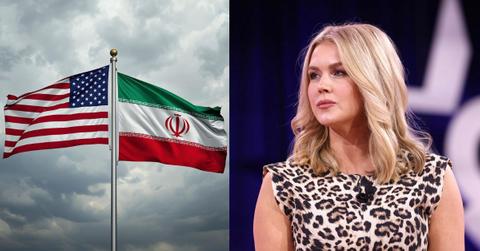 Flags of U.S and Iran; Karoline Leavitt