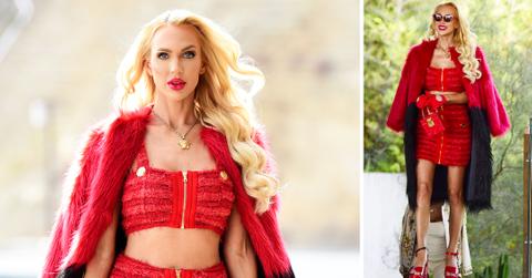 christine quinn dons a balmain tweed high waisted miniskirt on set