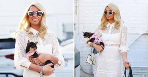 paris hilton white dress sunglasses dog mh
