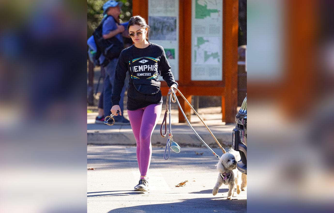 Lucy Hale Wears Fuchsia Leggings While Walking Her Two Dogs: Photos