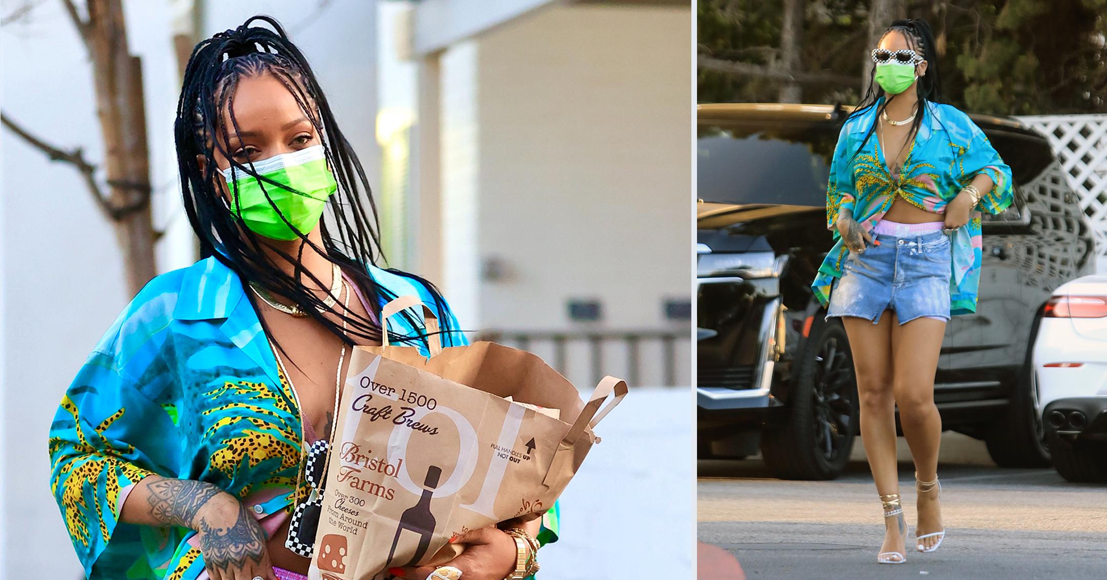 rihanna wears a bright outfit as she picks up groceries