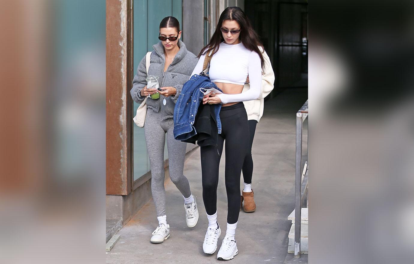 Hailey Baldwin and Bella Hadid sport matching workout wear