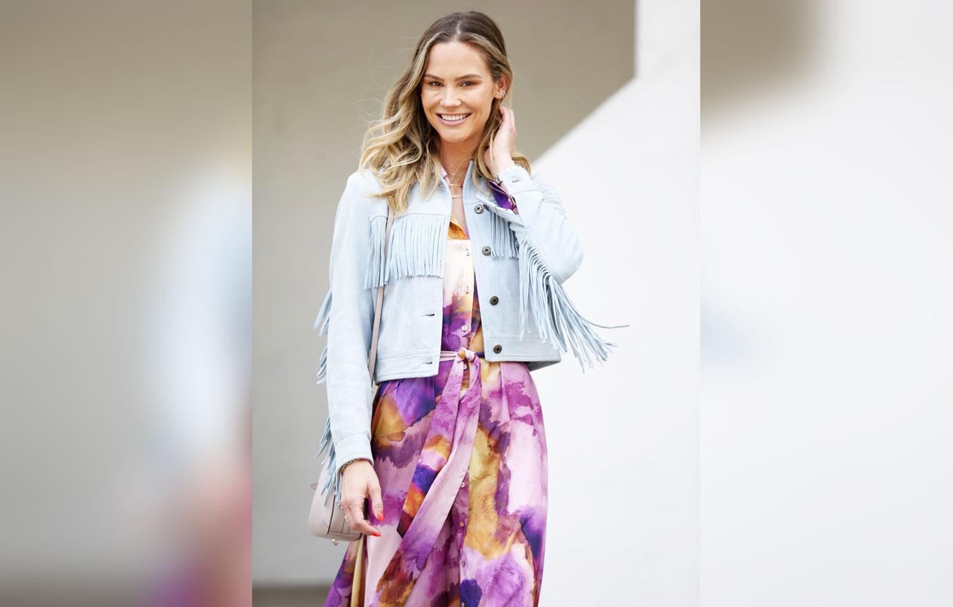 meghan king looks summer ready in a robert graham dress and suede fringe jacket and chinese laundry sandals as she leaves a meeting in los angeles