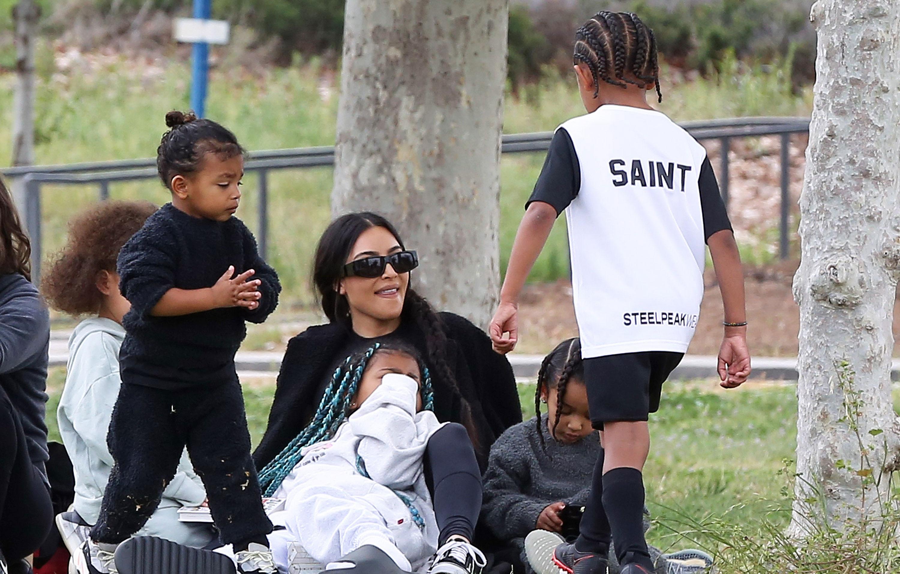 kim kardashian takes her kids to watch saint play a soccer match in calabasas