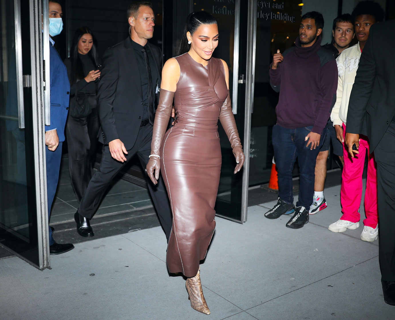 kim k brown leather dress Kim Kardashian Dons Brown Leather Dress at WSJ Innovator Awards in NYC